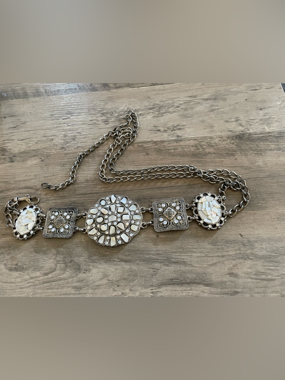 Vintage Heavy Silver Metal western biker Concho chain belt w Rhinestones stones
